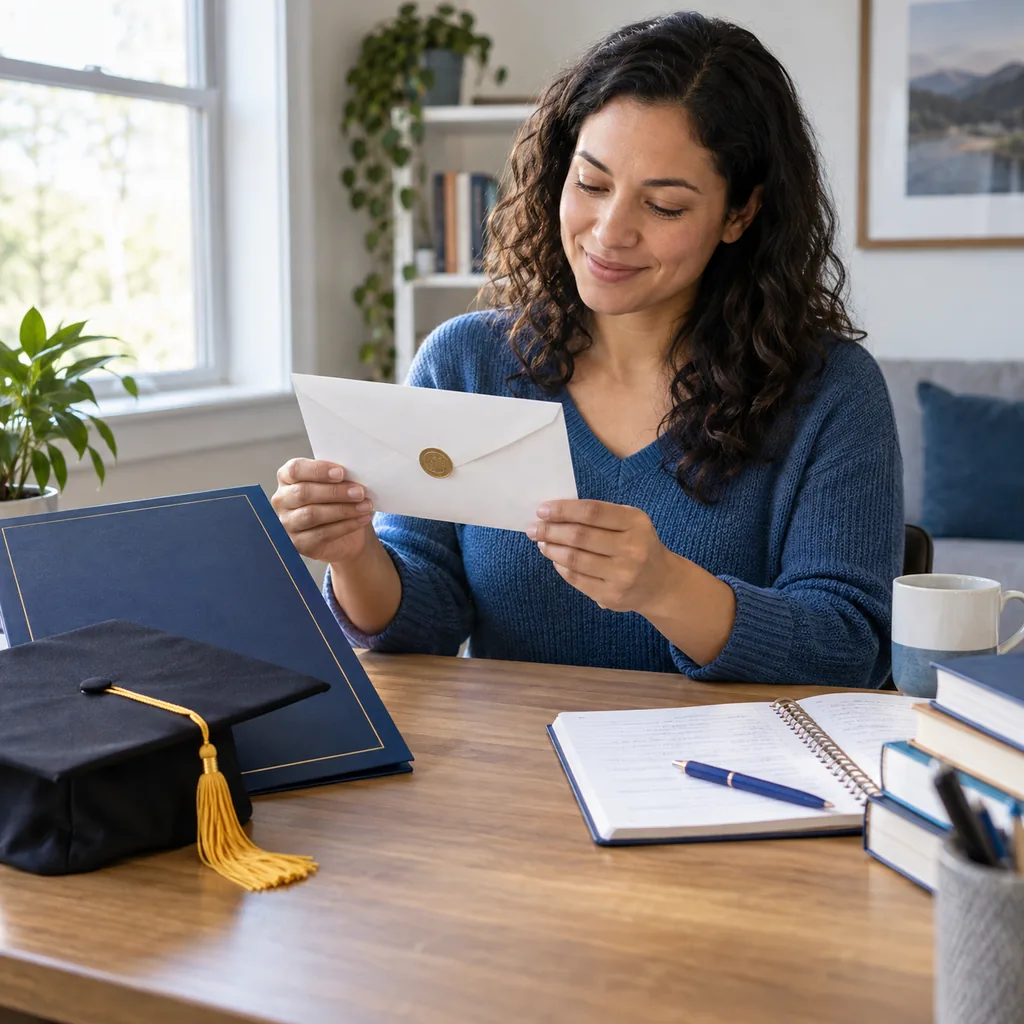 Adult learner holding a credential envelope beside a graduation cap and study notebook