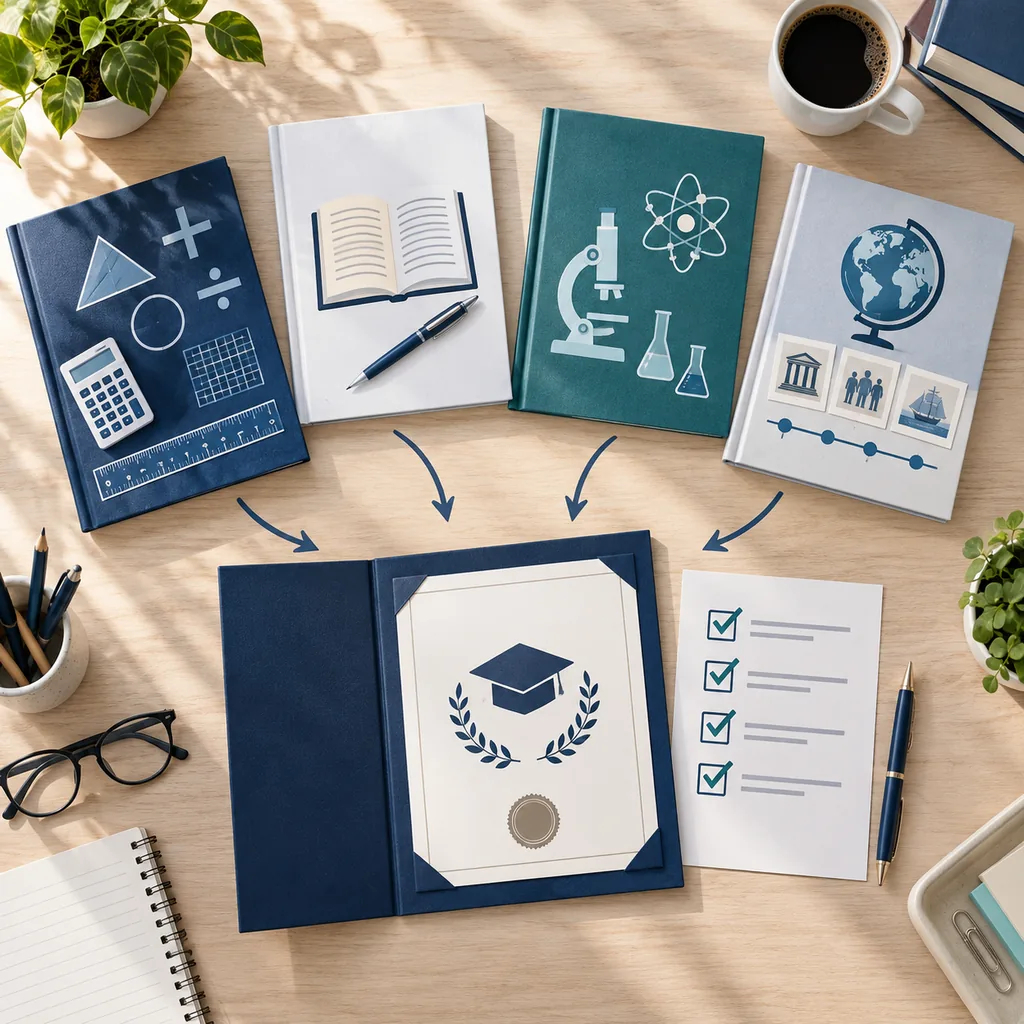 Four GED subject workbooks leading toward a credential folder and verification checklist