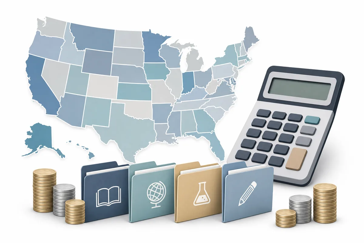 Editorial map and calculator graphic showing that GED fees vary by state and subject