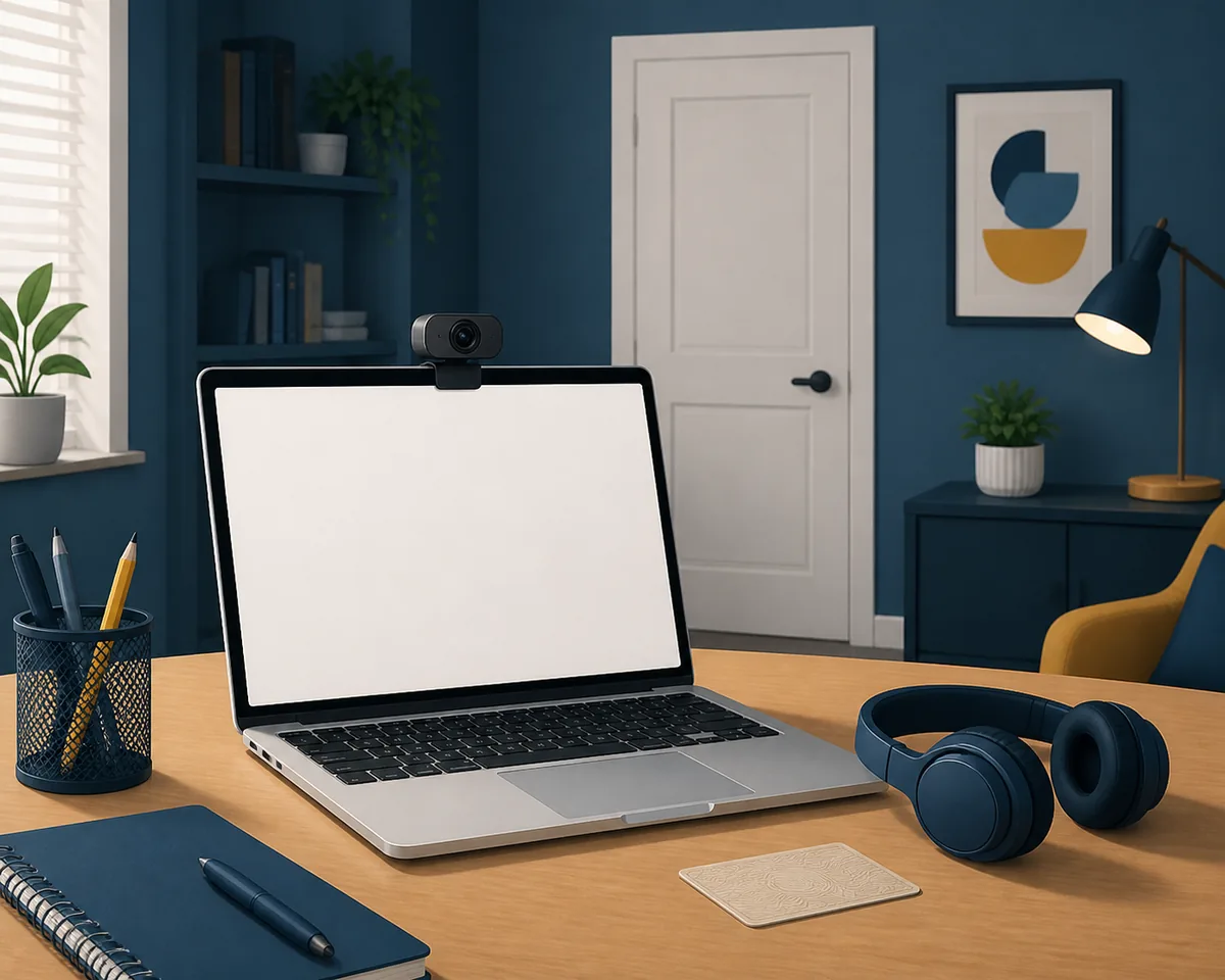 Laptop and webcam arranged in a quiet private room for an online GED test