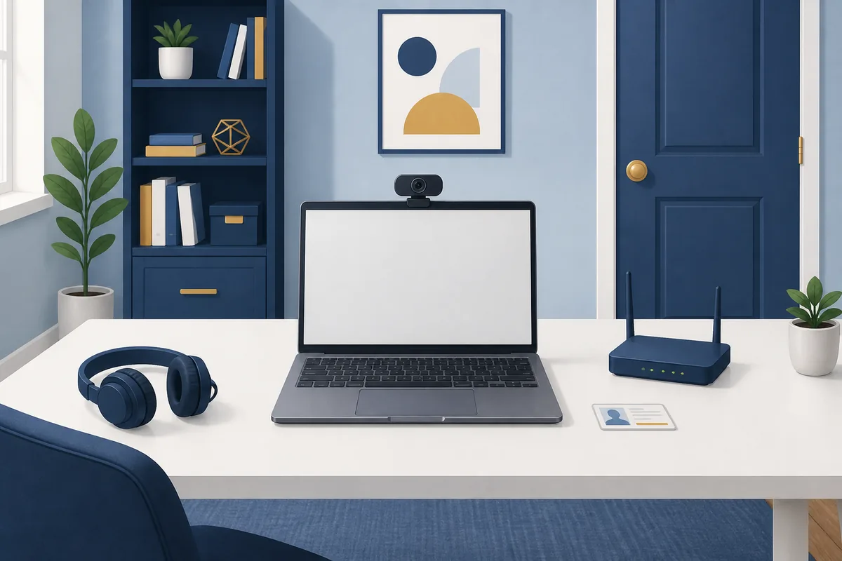 Home online GED testing setup with laptop, webcam, router, headphones, ID, and closed door