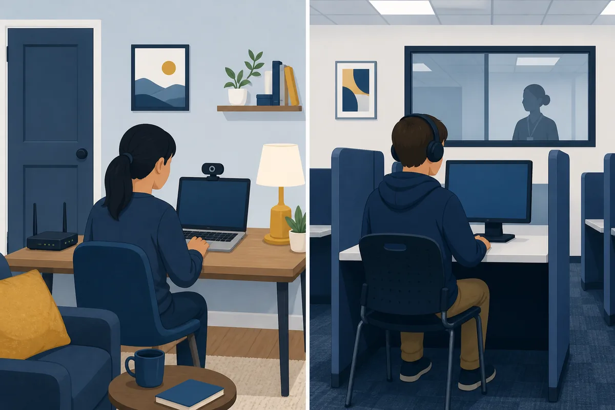 Illustrated comparison of an online GED test at home and a GED test center workstation