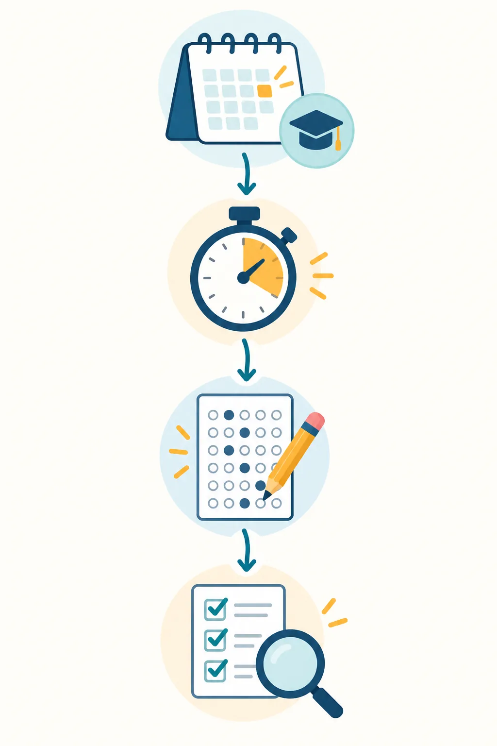 Editorial flow showing how to schedule, time, complete, and review a GED practice session