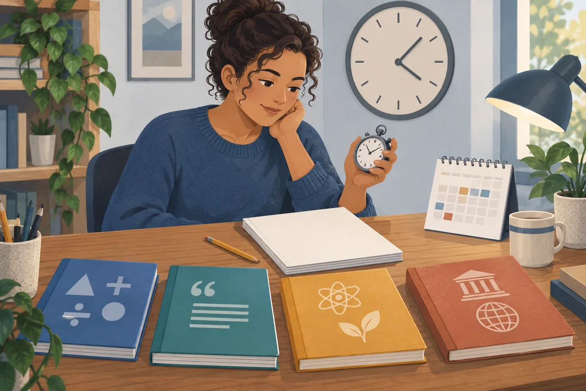 Adult learner using a stopwatch while planning GED practice-test timing across four subjects