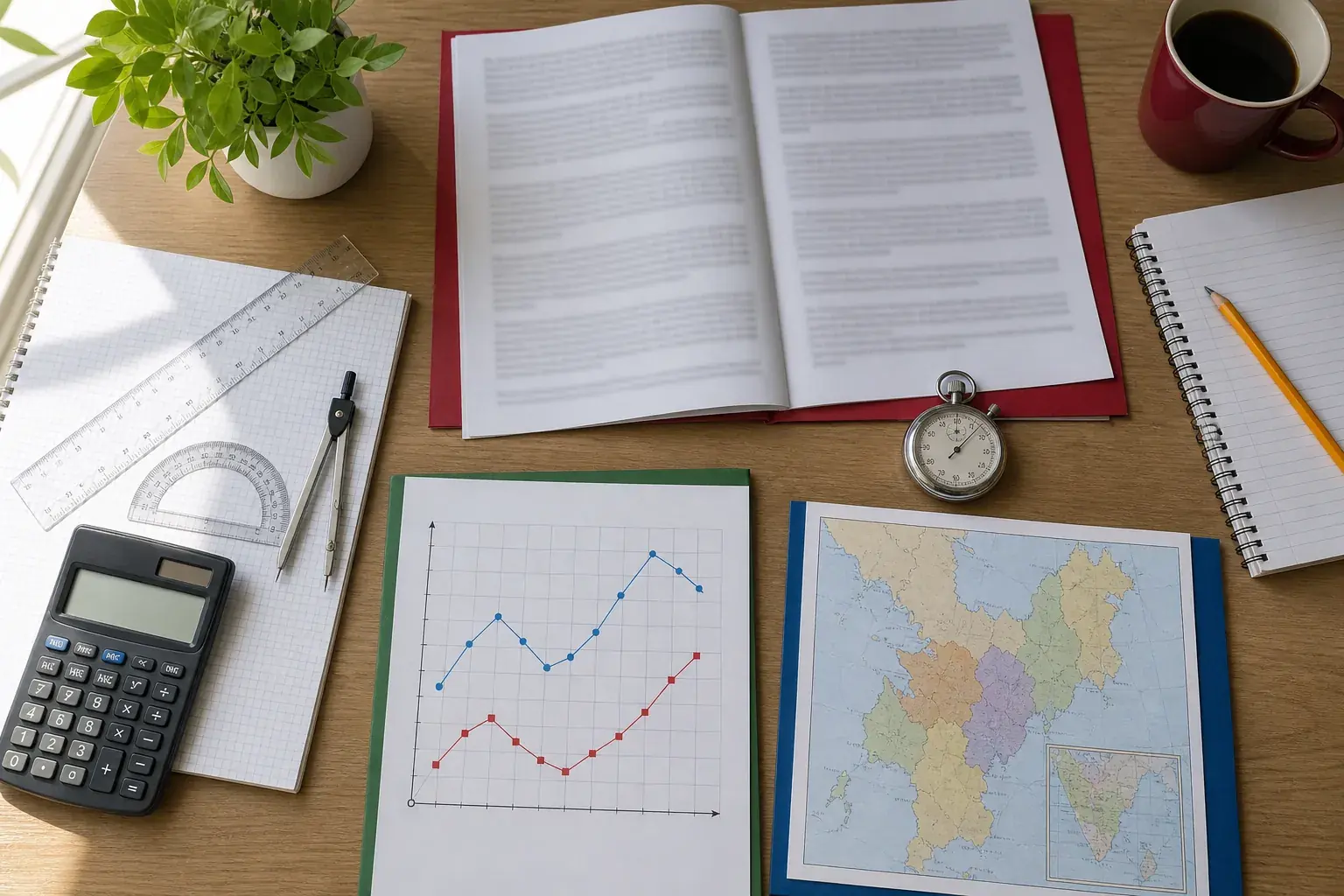 GED study desk with math tools, reading material, a science graph, map, and stopwatch