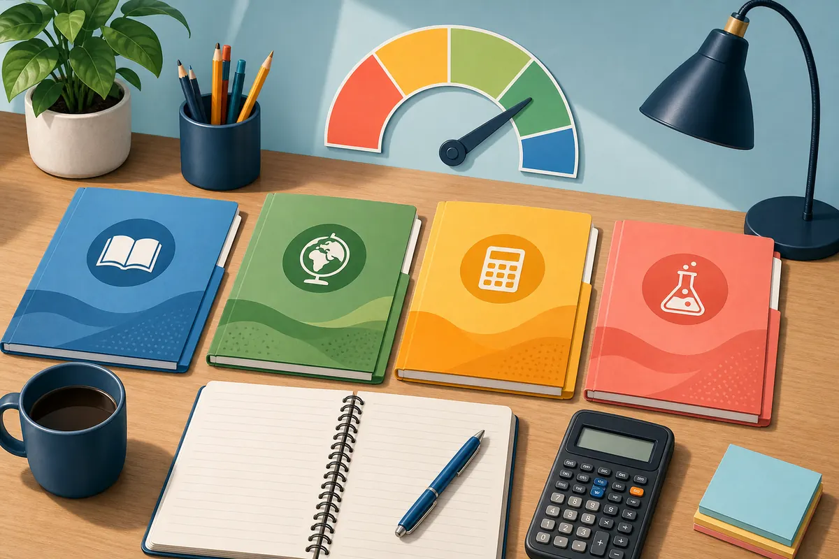 GED readiness planning image with four subject folders, score meter, notebook, and calculator