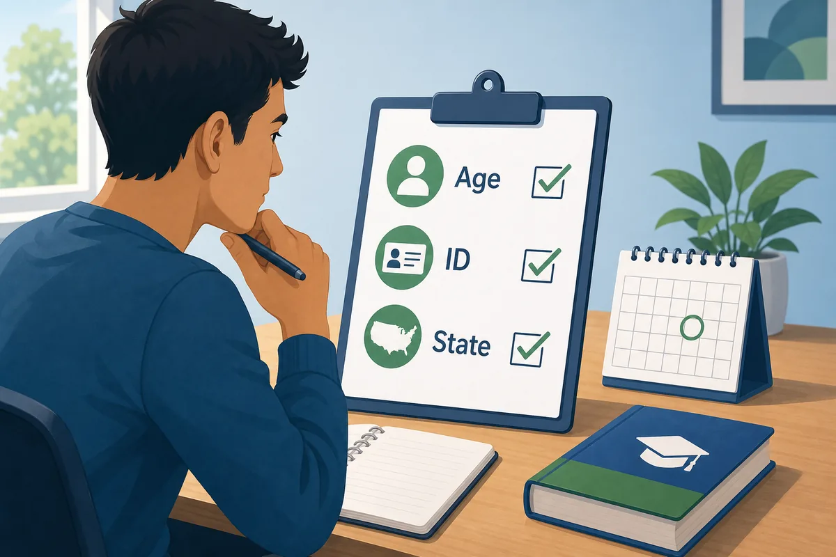 GED requirements eligibility checklist with age, ID, and state rule reminders