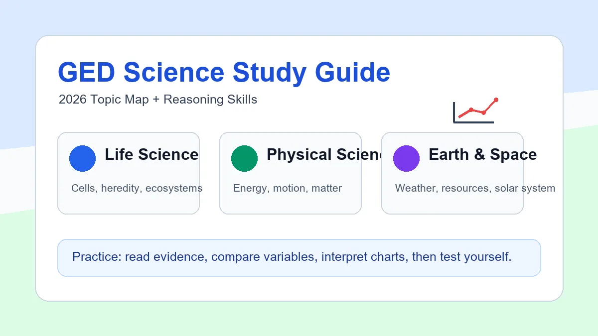 GED Science study guide showing life science, physical science, earth science, and data analysis topics