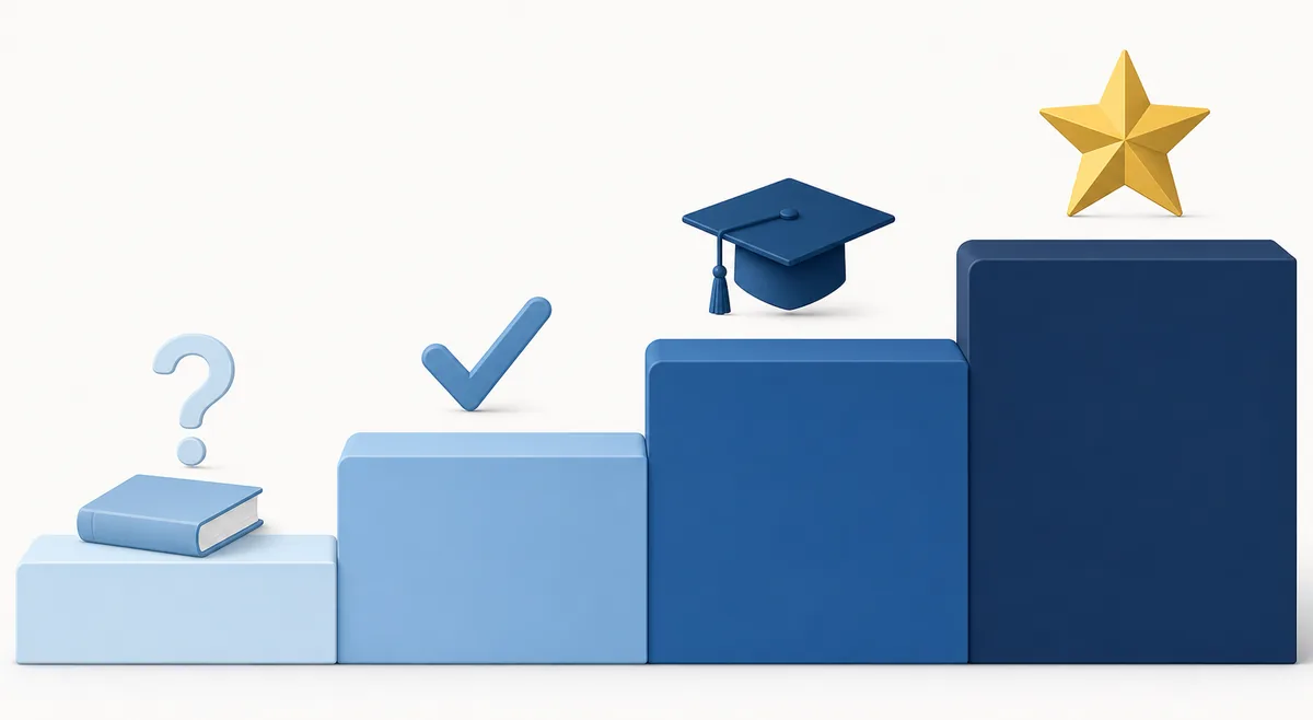 Editorial illustration of four rising GED score levels from review to passing and college-ready performance