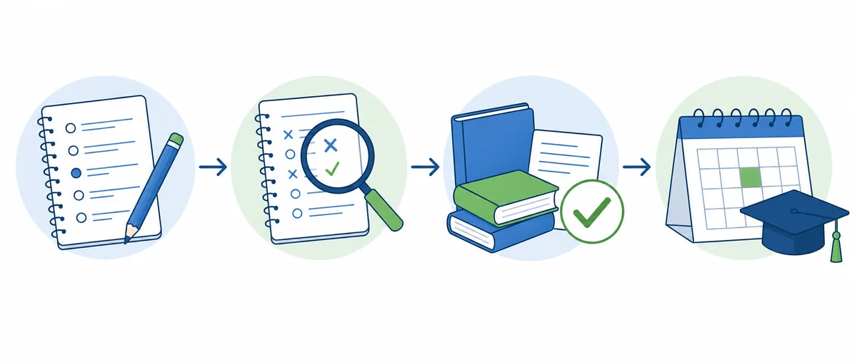 Step flow from GED practice questions to reviewing mistakes, checking readiness, and scheduling a subject test