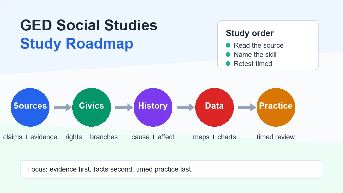 GED Social Studies study guide roadmap for sources, civics, history, economics, geography, and timed practice