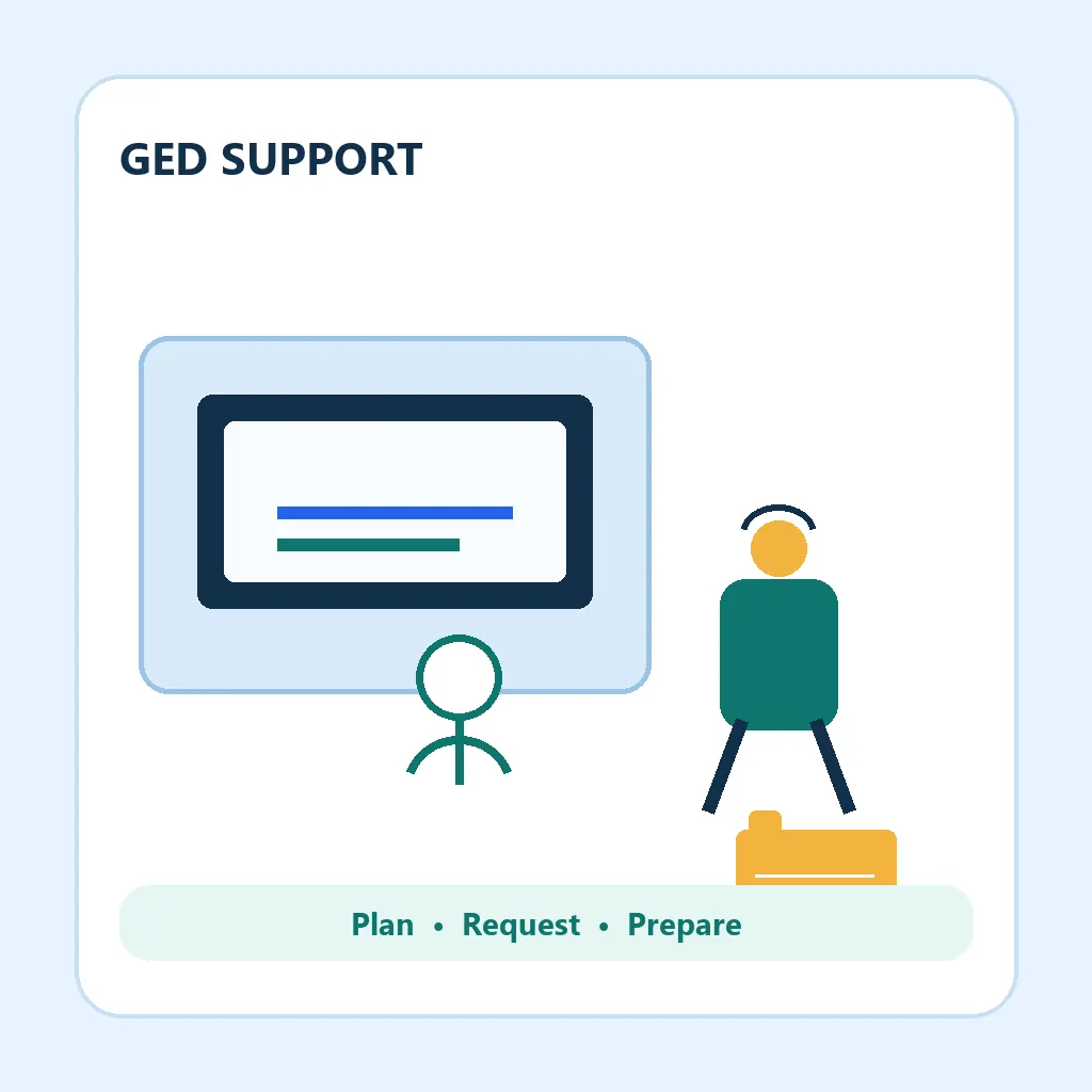 Editorial illustration of a GED learner preparing for an accessible computer-based test with a support plan