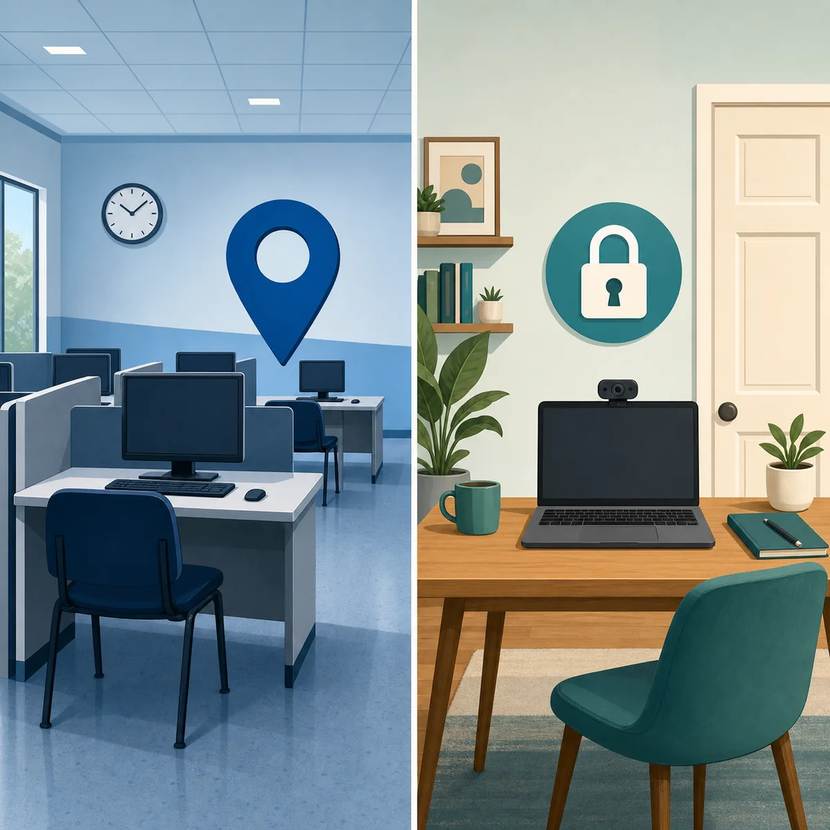 Illustrative comparison of an in-person GED test center and a private home setup for approved online testing