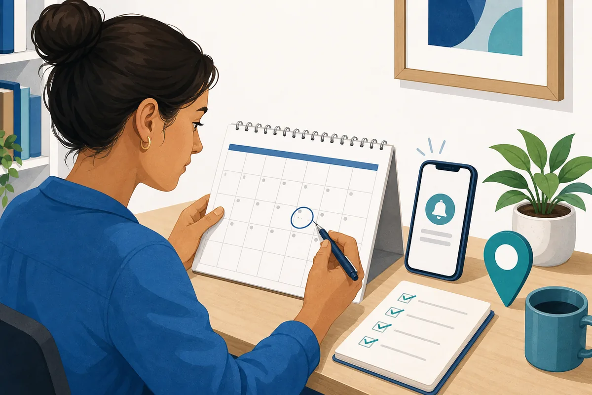 Adult learner reviewing a calendar, appointment reminder, location pin, and checklist while planning a GED test date