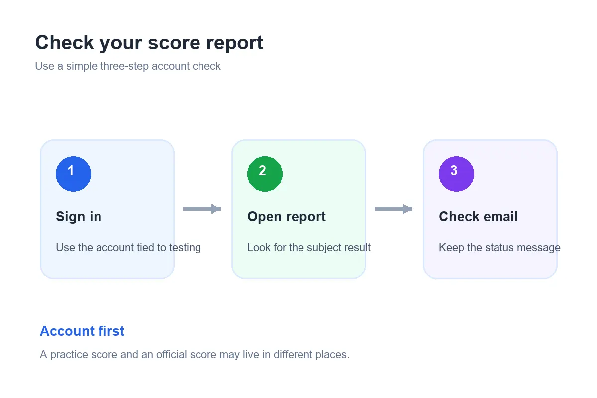 Editorial three-step illustration for signing in, opening a GED score report, and checking the status email