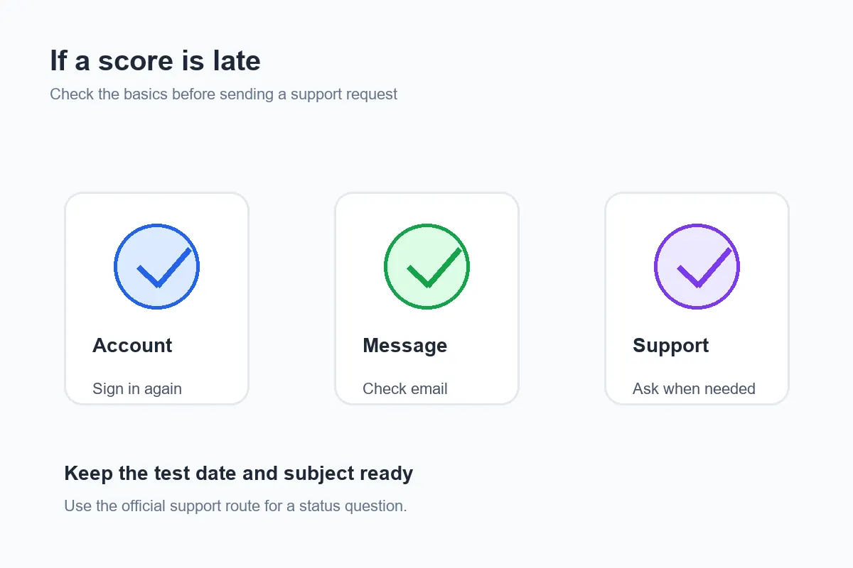 Editorial checklist for a late GED score: recheck the account, review the message, and contact official support