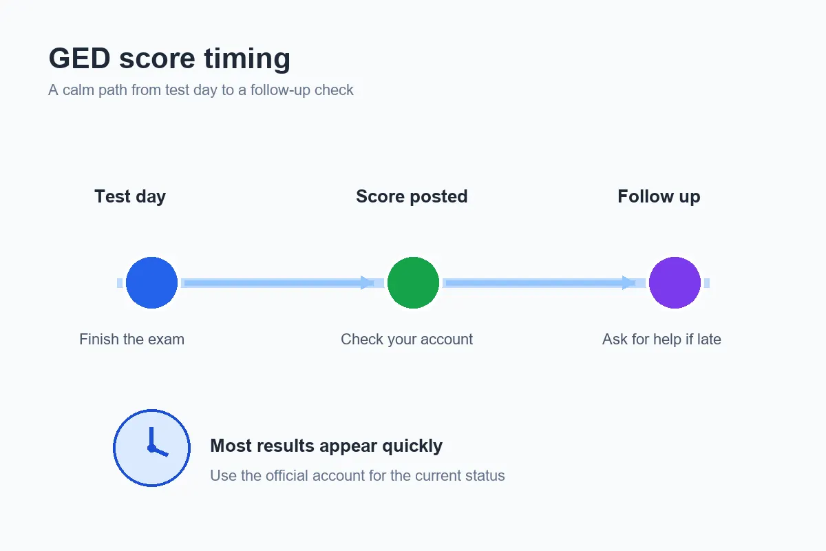 Editorial timeline illustration showing a GED learner waiting for an official score report after test day