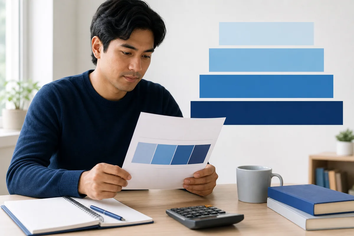 Adult learner reviewing a GED score range report beside study notes and a calculator