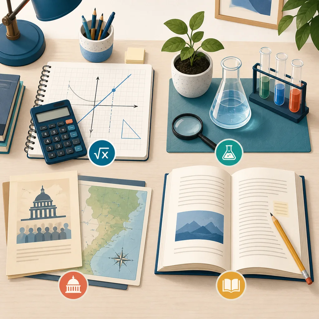 Editorial illustration showing the four GED test subjects through math, science, civics, and reading symbols