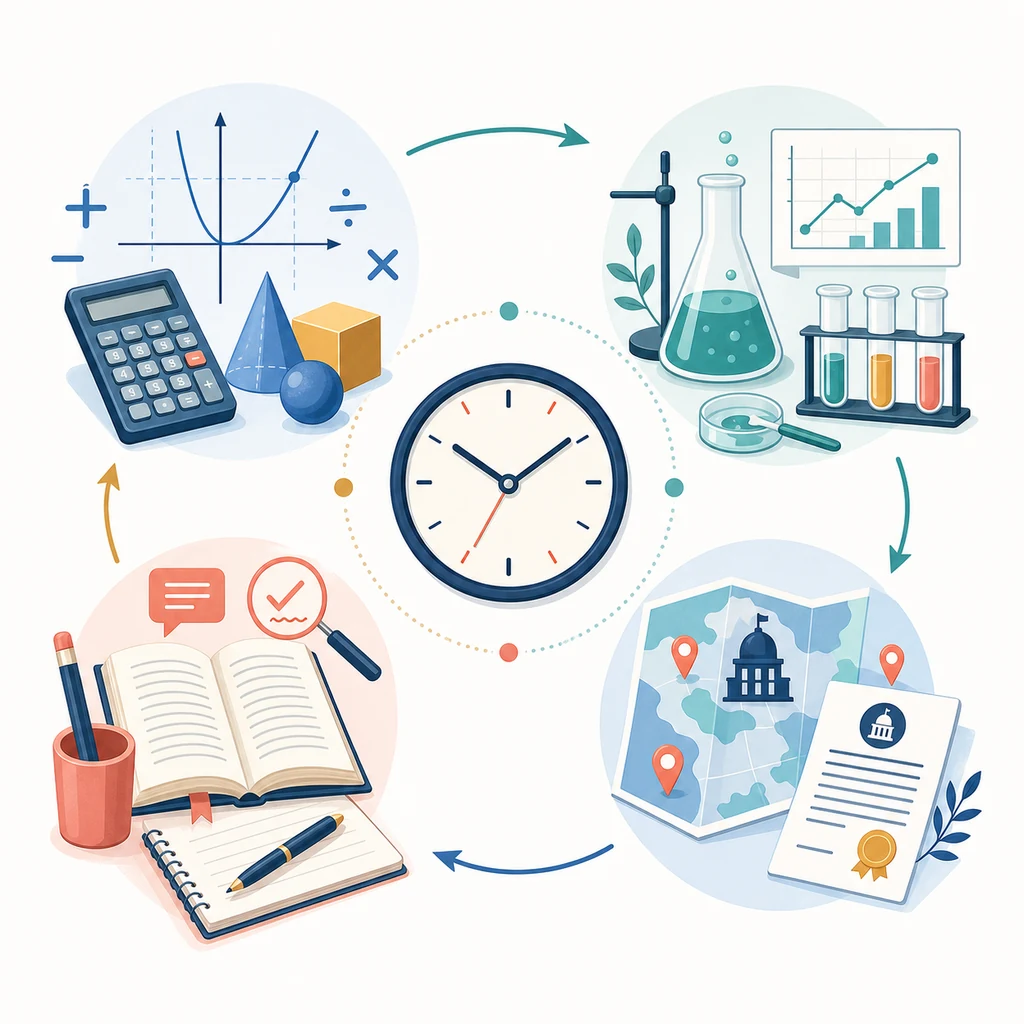 Editorial timeline illustration showing four separate GED subject areas arranged around a clock