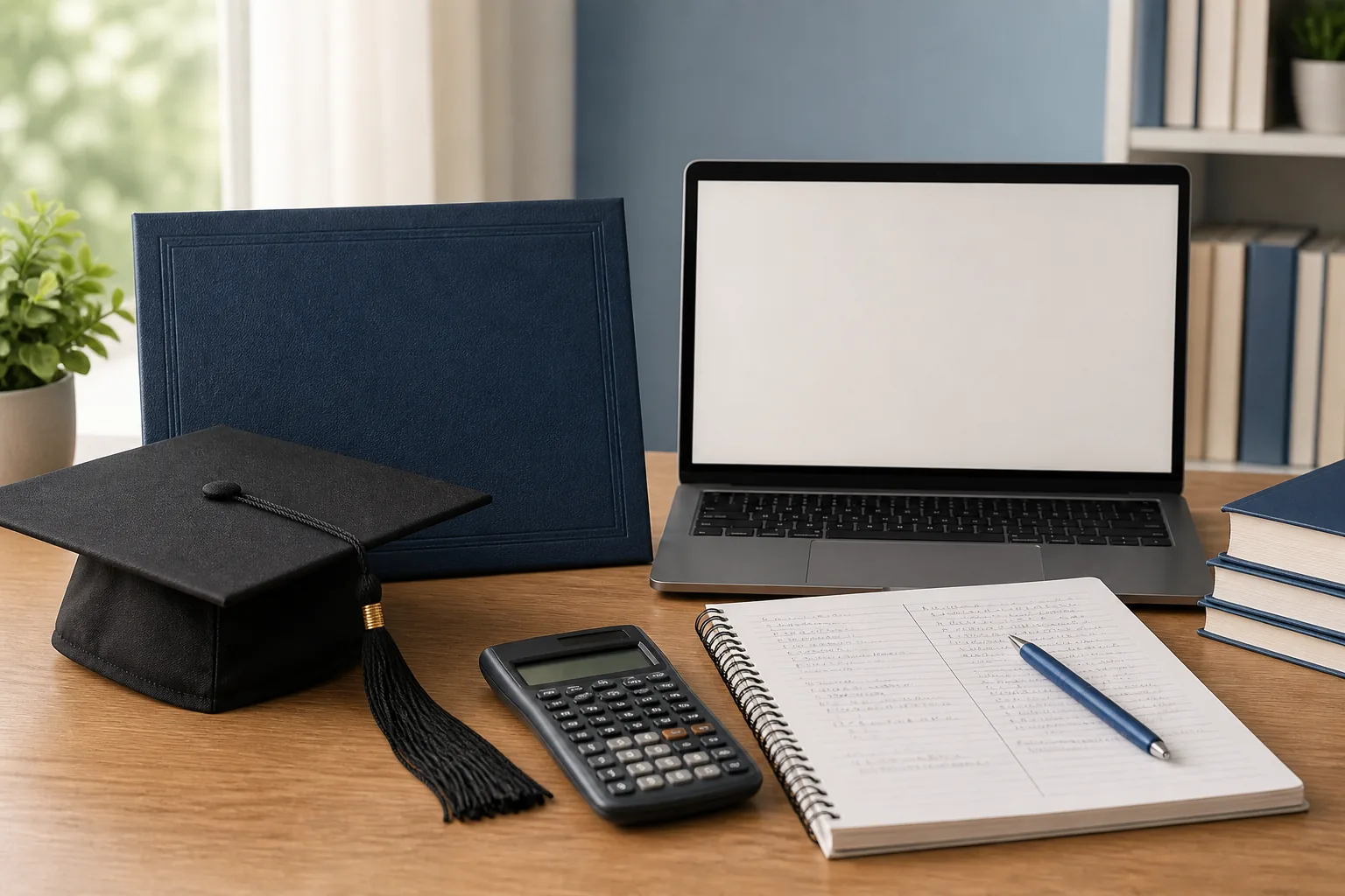 Graduation cap and diploma folder beside a GED study laptop, calculator, and notebook