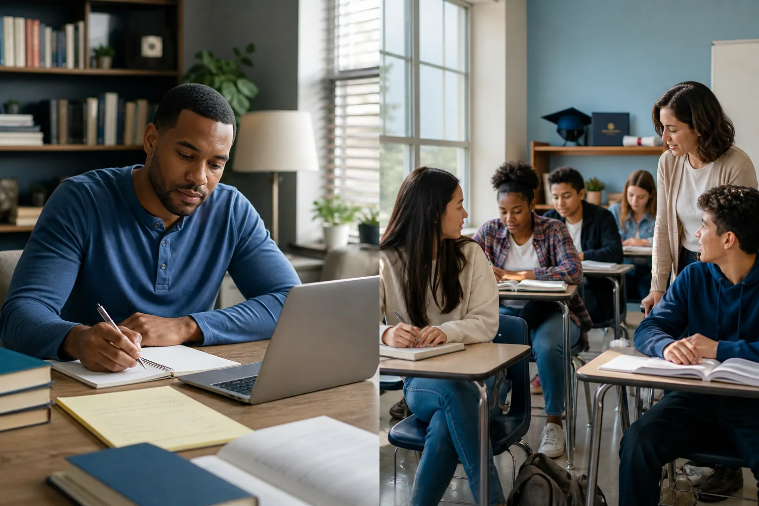 Adult learner studying beside a traditional classroom scene for a GED and high school diploma comparison