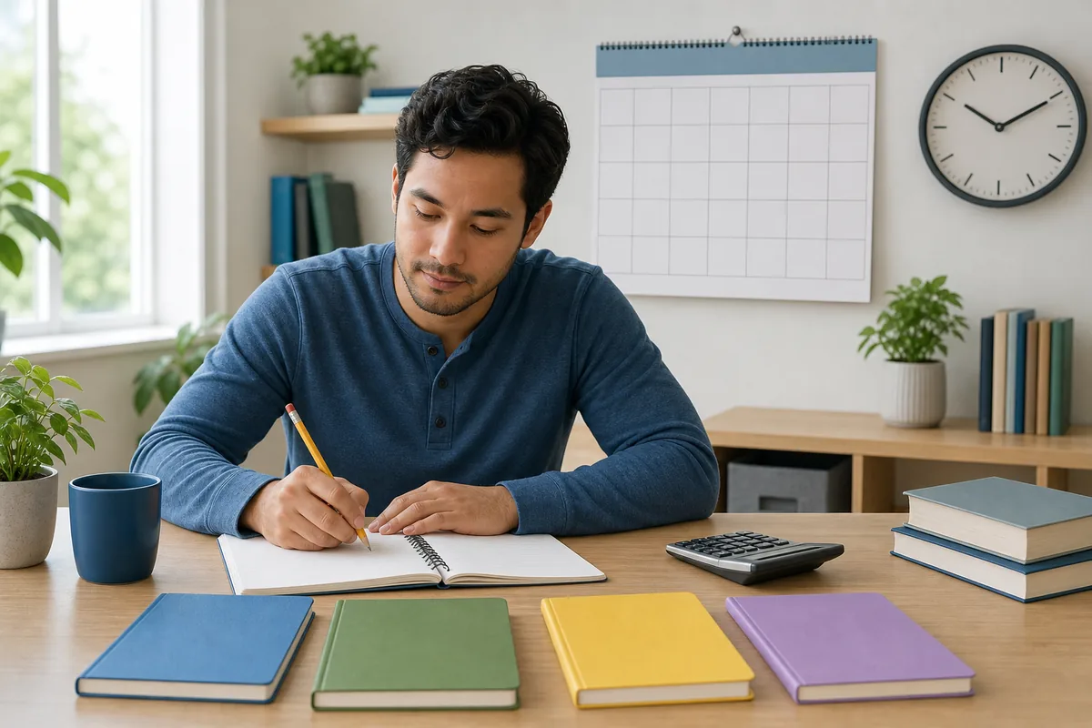 Adult learner planning a GED study timeline with four subject notebooks, a calendar, clock, and calculator