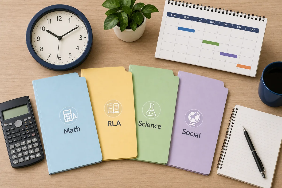 Adult learner planning GED subject test times with folders, clock, calendar, and calculator
