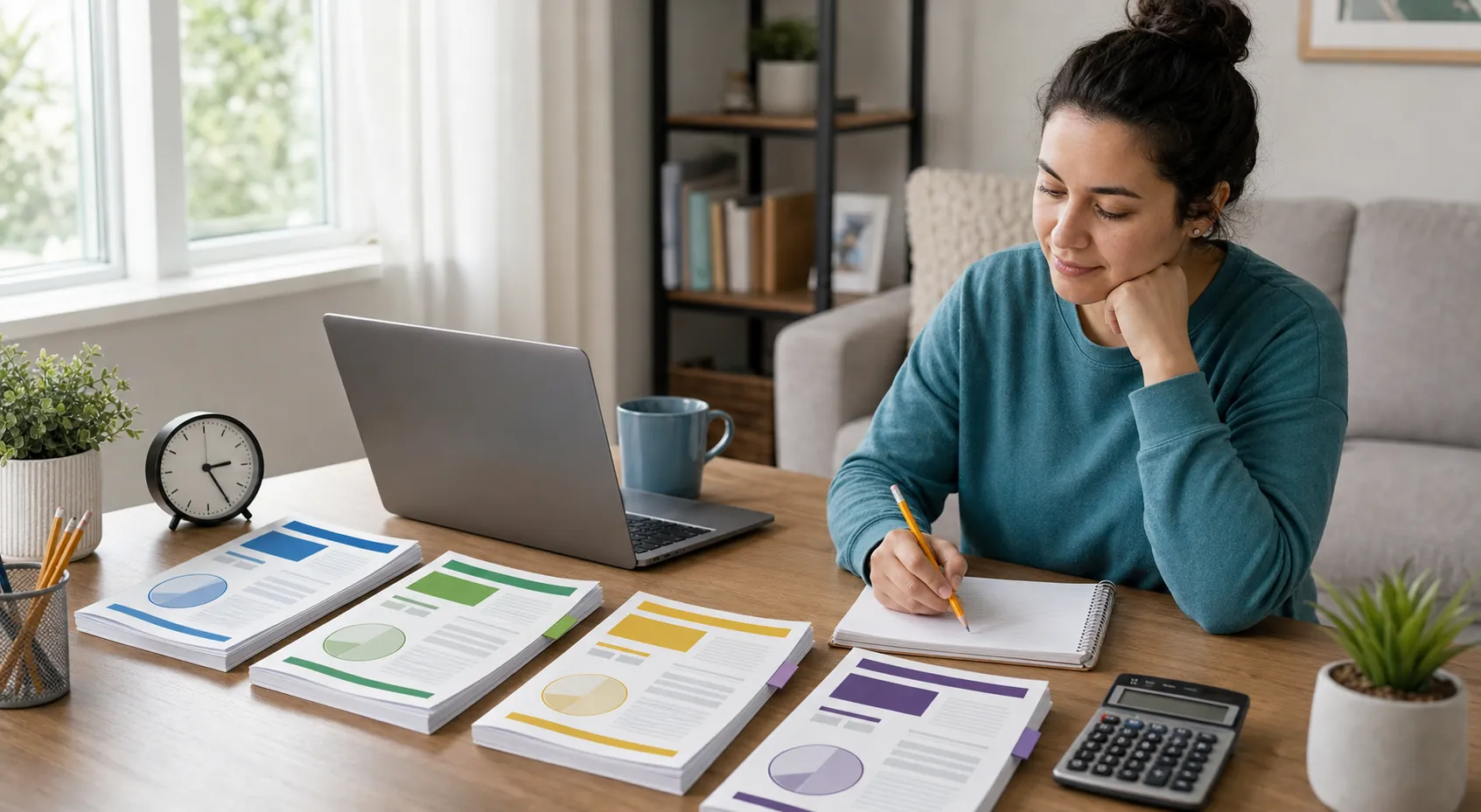 Adult learner organizing four GED subject practice sets with a clock and calculator